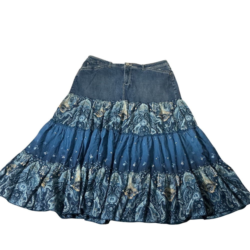 Faded Glory Boho Tiered Maxi Skirt Womens 18W Blue Paisley Denim Mixed Media